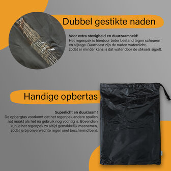 De regenkleding van Maxxcovers is beschikbaar in 5 verschillende maten. Door het ademende materiaal kun jij comfortabel op weg.
