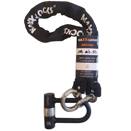 productafbeelding praktijkafbeelding Kettingslot 120cm met loop + verlengde U-beugel van Maxx-Locks